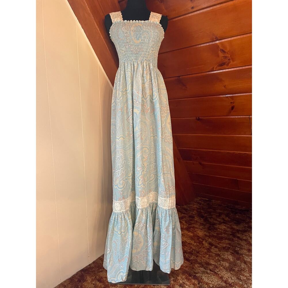 Vintage 70s Blue Paisley Print Maxi Dress with Lace and Smocked Top sz M